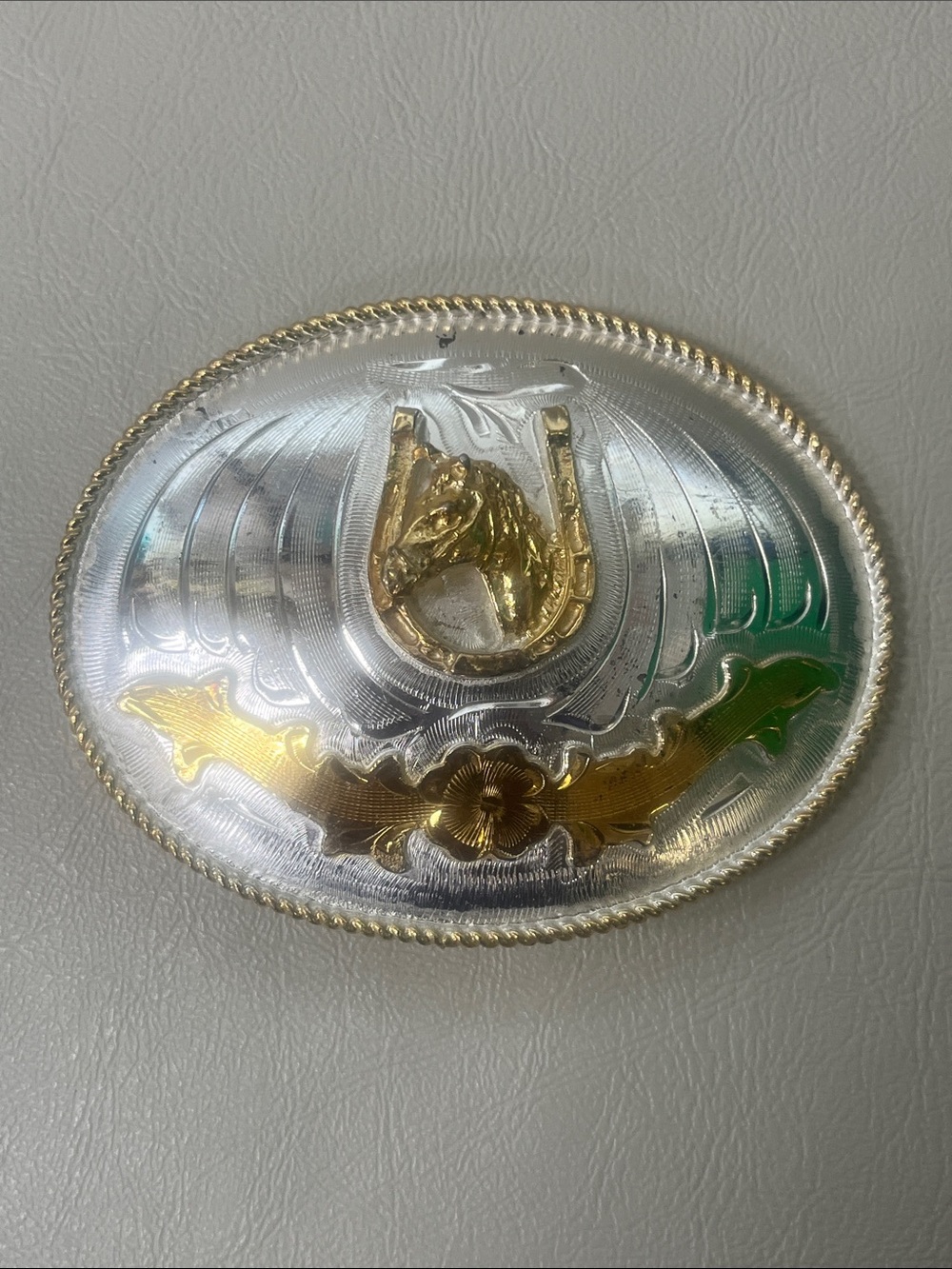 Alpaca Silver and Gold-toned Horsehead Western Belt Buckle